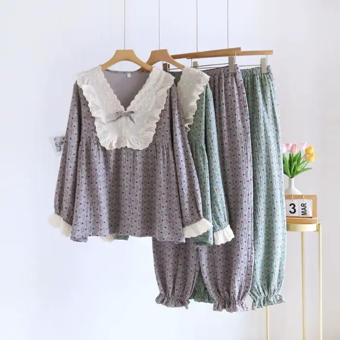 Princesse Cottagecore pyjama ensemble femmes Vintage dentelle col vêtements de nuit mignon coeur imprimé crêpe coton vêtements de détente 2 pièces coton doux