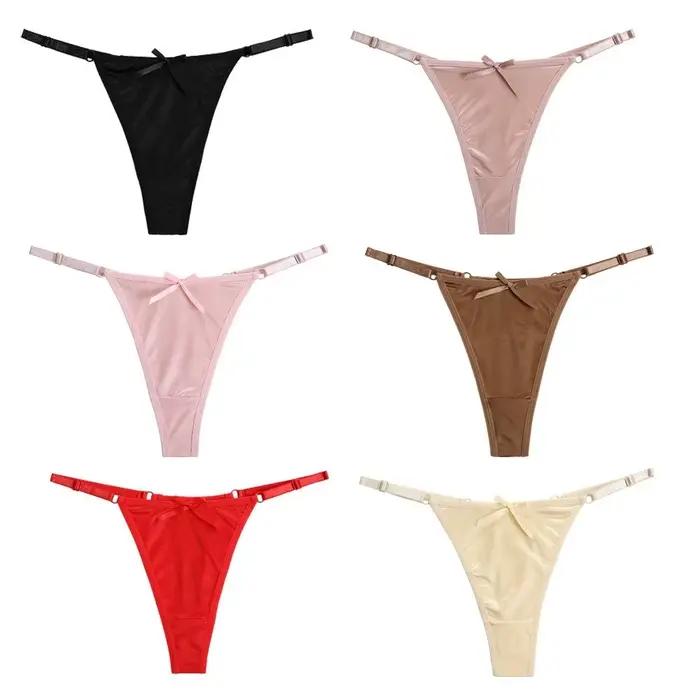 String ajustable taille basse en satin transparent avec nœud, culotte brodée transparente, lingerie féminine, culotte romantique en T pour femme