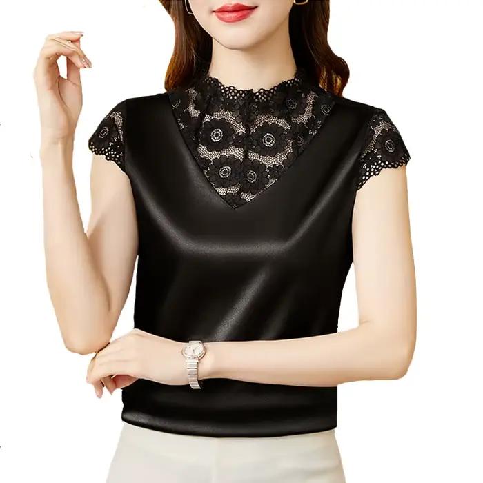 Blouse en soie et polyester patchwork élégante pour femme avec col roulé et dentelle pour occasions spéciales