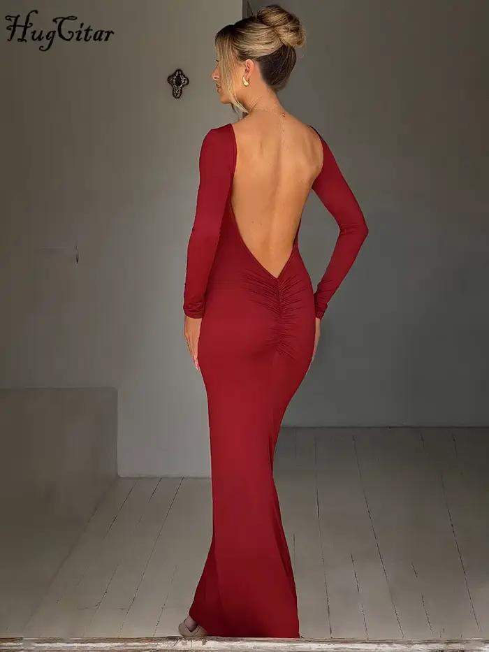 Hugcitar jarné elegantné dlhé rukávy odhalený chrbát pevný nariasený Sexy obtiahnutá Maxi plesová šaty pre ženy večerné oblečenie Festival Y2K