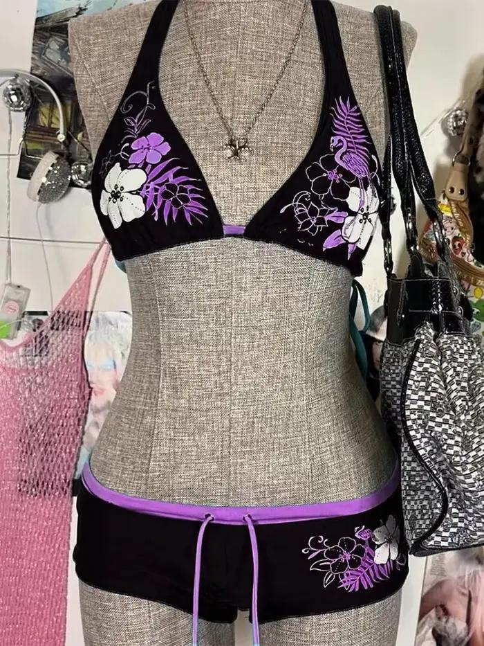 Vintage kvetinový potlač Cutie bikini set 2000s plavky Sexy ženy plavková móda lodičkové