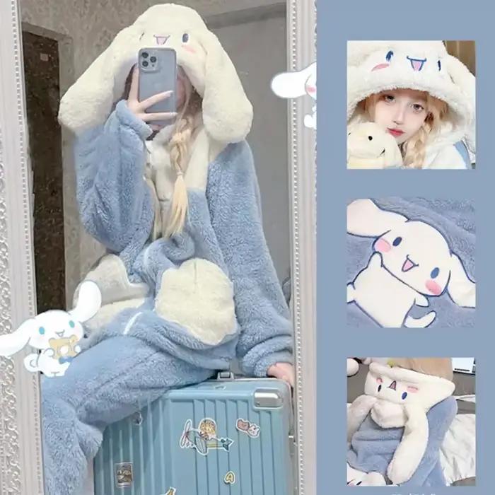 Pyjama en peluche Kawaii Cinnamoroll pour femme, vêtements de maison à capuche, vêtements de dessin animé épaissis, vêtements d'intérieur pour filles, vêtements d'hiver imbibés, 2 pièces