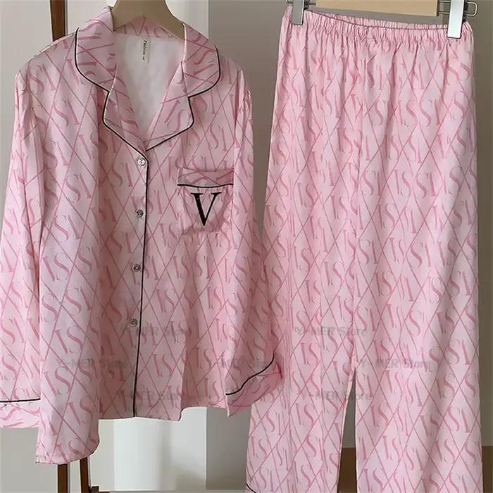 Ensemble pyjama imprimé vert, manches longues, vêtements de nuit pour femmes, luxe, rayonne, vêtements de maison, lettre V, vêtements de détente, 2 pièces