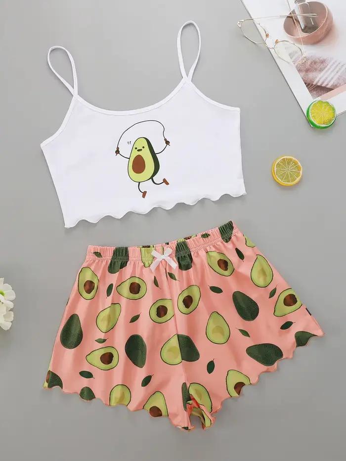 Ensemble pyjama d'été pour femmes, imprimé avocat, Camisole avec short, Lingerie décontractée et Sexy, nuisette, vêtements de maison, sous-vêtements
