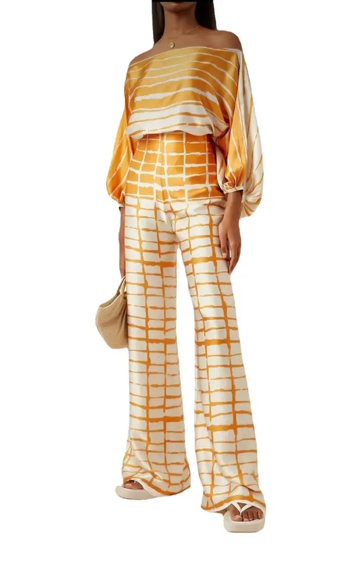 Pyjama Imprimé en Satin pour Femme, Ensemble de 2 Pièces, Vêtements de Maison, à la Mode, Amissié, avec Pantalon Long, 2024