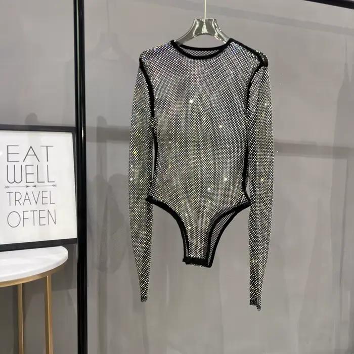 Combinaison en résille à paillettes brillantes, Sexy, transparente, à la mode, pour dames, boîte de nuit, fête, Fiber de Polyester, manches longues, haute élasticité