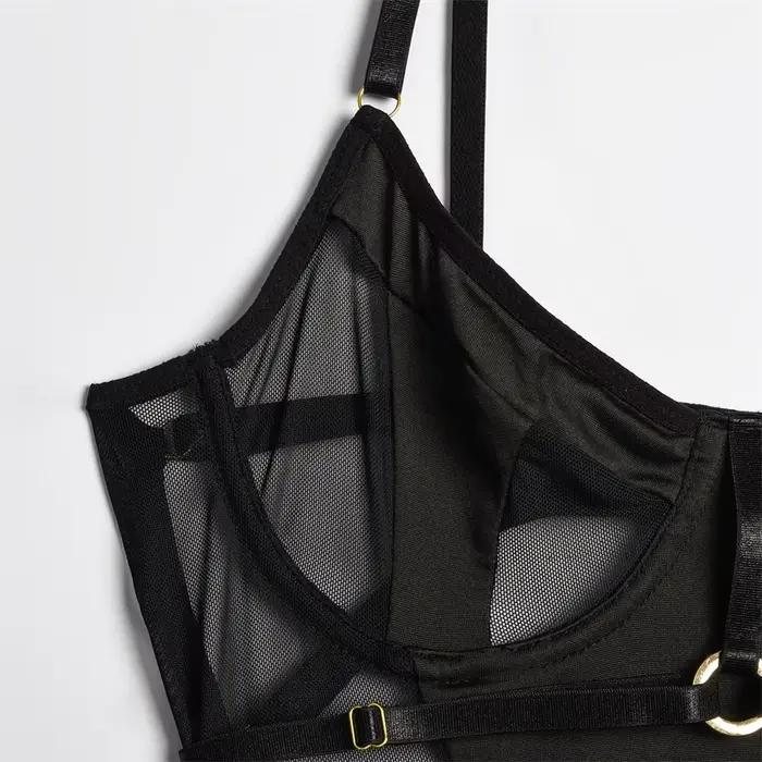 Ensemble de Lingerie Sexy une pièce, dos nu, body pour femmes, maille noire, Patchwork, sous-vêtements érotiques, transparent, intime