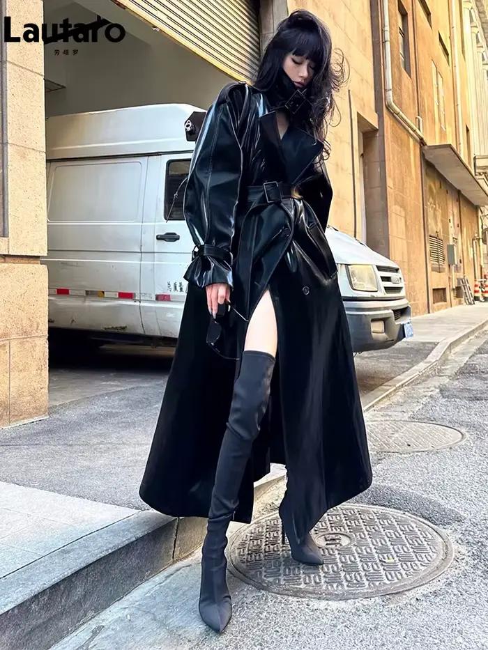 Lautaro jarenná a jesenná extra dlhá nadrozmerná cool reflexná lesklá čierna lakovaná koža Trench kabát pre ženy