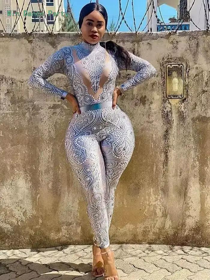 Combinaison moulante pour femme avec perles et diamants, tenue de pole dance, robe de spectacle pour chanteuse de discothèque, costumes de performance