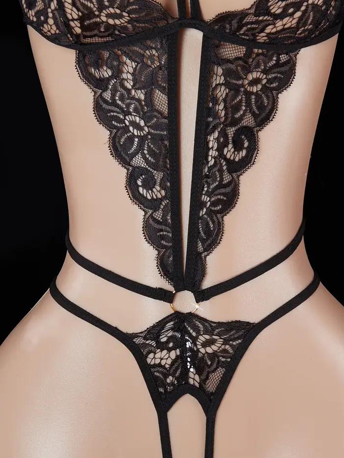 Lingerie Sexy sans entrejambe pour femmes, exotique, dentelle creuse, robe de poupée, soutien-gorge ouvert en V profond, transparent, nœud papillon, body sans couture