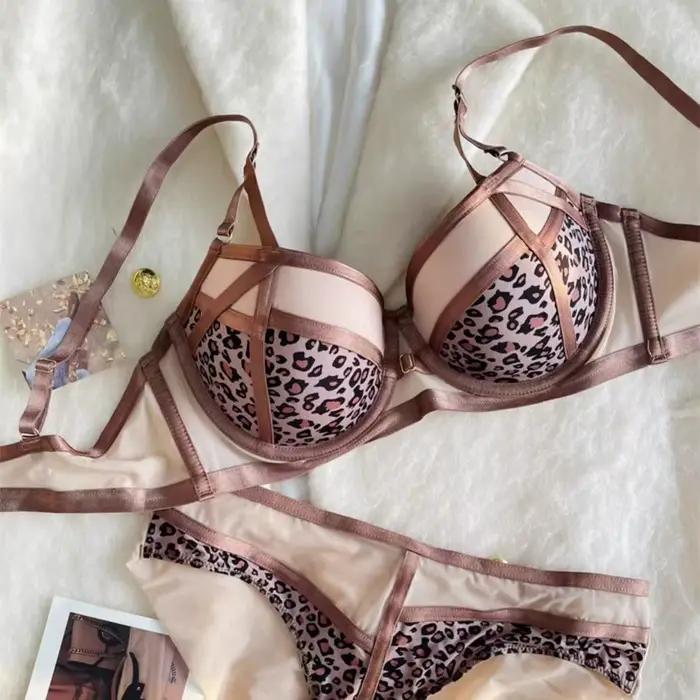 Ensemble de Lingerie léopard Sexy, ceinture fine creuse rassemblée pour collecter les seins, soutien-gorge sur le bas fin, ensemble de soutien-gorge avec anneau en acier doux et épais