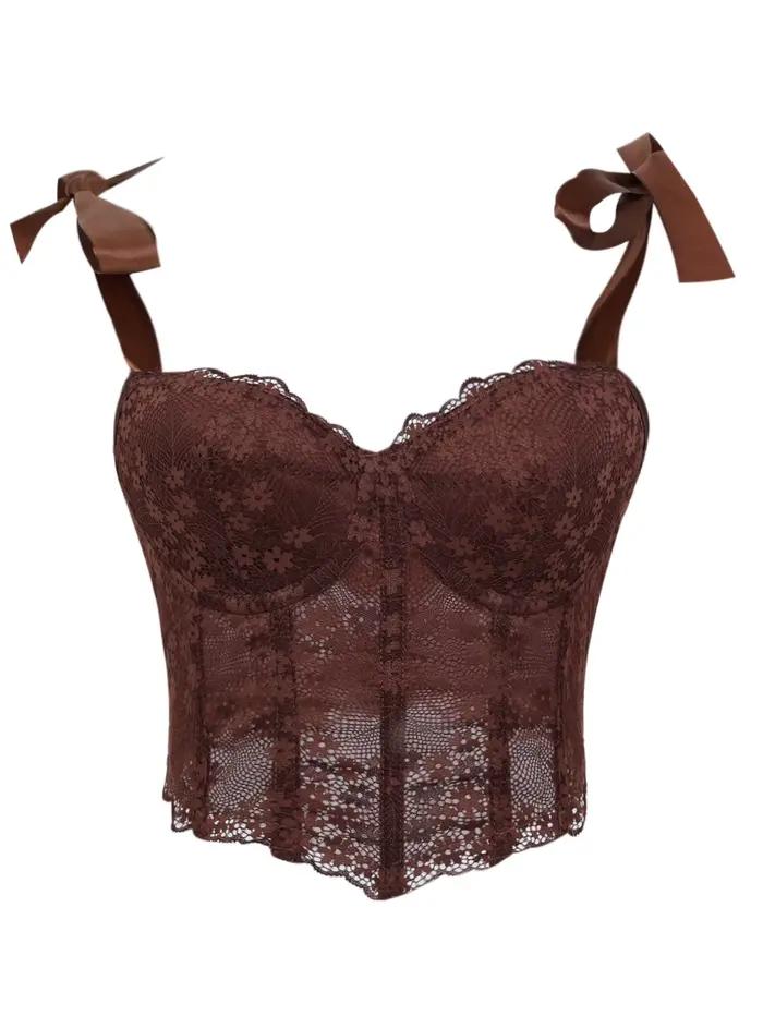 Corset en dentelle transparente à baleines pour femme, bustier rembourré à lacets, haut moulant élégant
