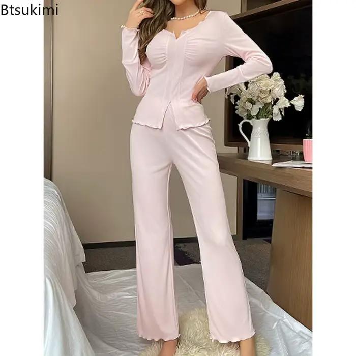 Ensemble pyjama sexy pour femmes, col en V, plissé, manches longues, haut et pantalon haut de gamme, vêtements de détente, 2 pièces, printemps-automne