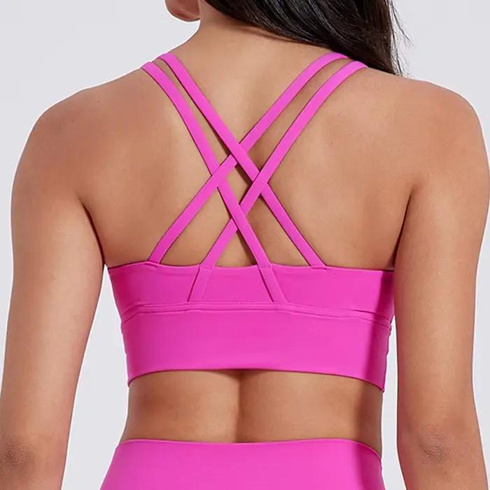 Soutien-gorge dos croisé pour femmes, couleur unie, sous-vêtements de Fitness, doux, Sport, haut de gymnastique, Yoga, entraînement athlétique avec coussinet de poitrine