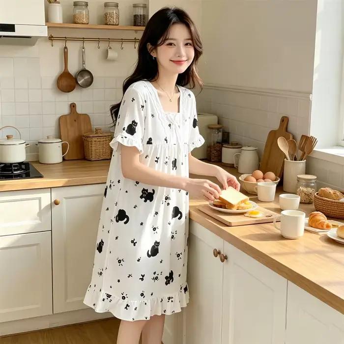 Nouvelle Robe de Nuit Imprimée Chaton à Manches Courtes pour Femme – Pyjama Décontracté d'Été pour Dormir