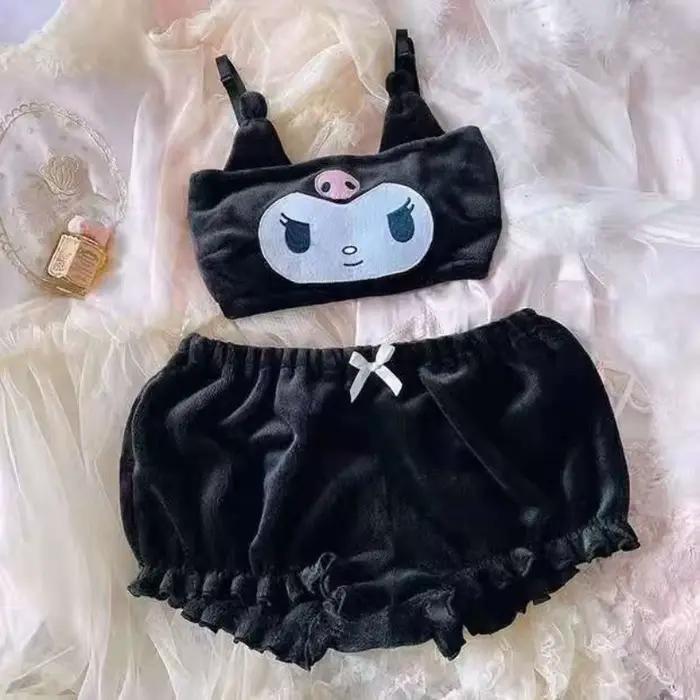 Pyjama en flanelle doux et moelleux à bretelles pour fille, motif dessin animé Kuromi, Melody, Cinnamoroll, Katy Cat, ensemble short, cadeau de vacances pour fille