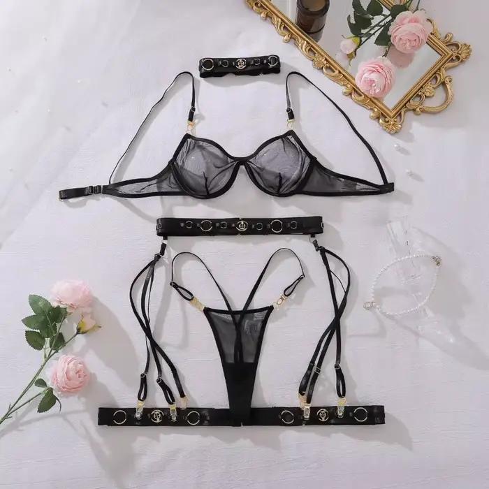 Ensembles de lingerie exquis pour femmes, décorations métalliques, soutien-gorge transparent, ensemble 6 pièces, lingerie de club sexy, sous-vêtements pour filles cool