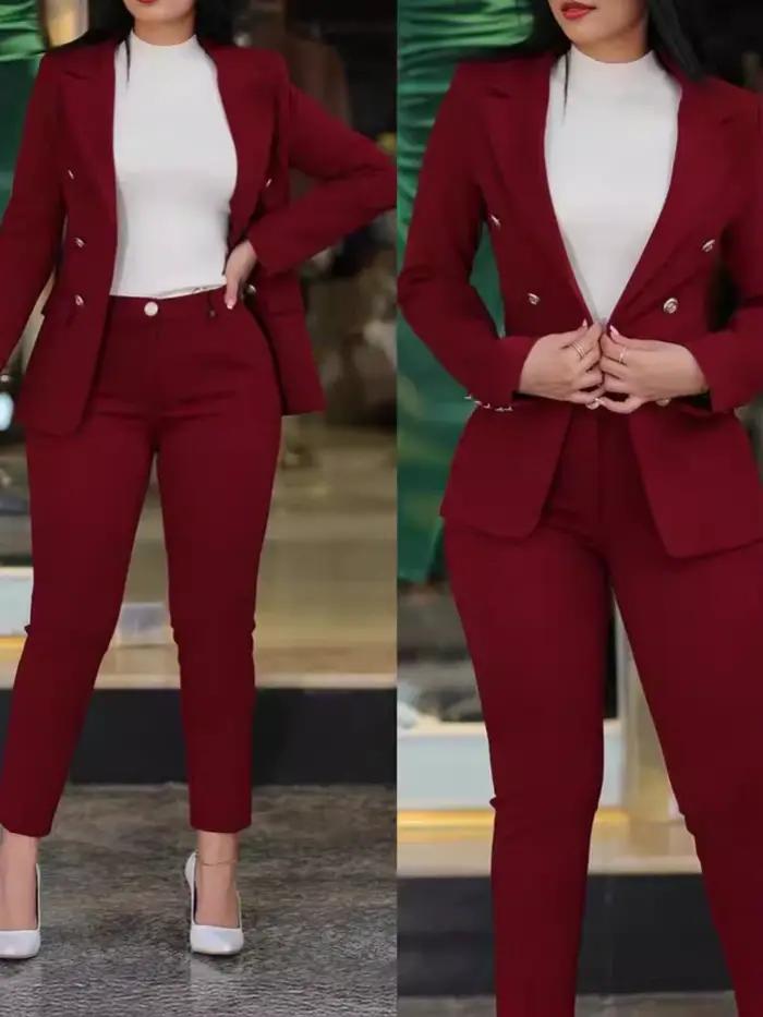 Ensemble deux pièces pour femme, veste boutonnée et pantalon longueur cheville, style formel et élégant pour toutes les saisons