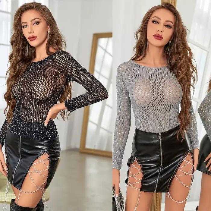 FHSEER 1 pièces femmes Sexy résille body transparent à manches longues étincelle strass T-Shirt coupe ajustée haut extensible Clubwear