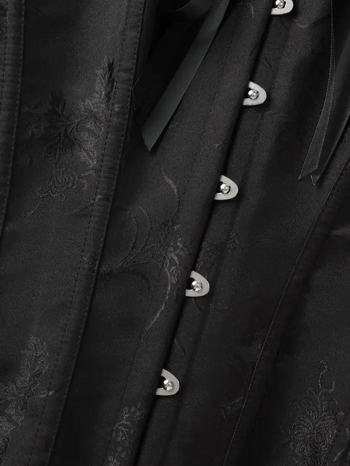Corset élégant noir en jacquard avec volants, boucle avant et liens arrière, idéal pour les soirées, corset sculptant