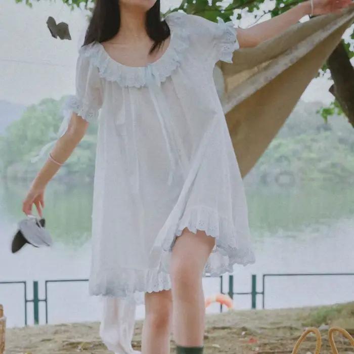 Robe de nuit féerique en coton et dentelle pour femme, style décontracté, idéale pour l'été