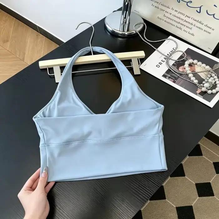 Soutien-gorge de yoga dos nu à col en V profond pour femme, en tissu soyeux et lisse, haut de sport tendance