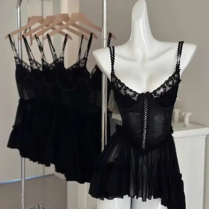 Pure Desire – chemise de nuit en dentelle avec bretelles circulaires en fil, Mini jupe, vêtements de nuit respirants et confortables pour la maison, Style féerique