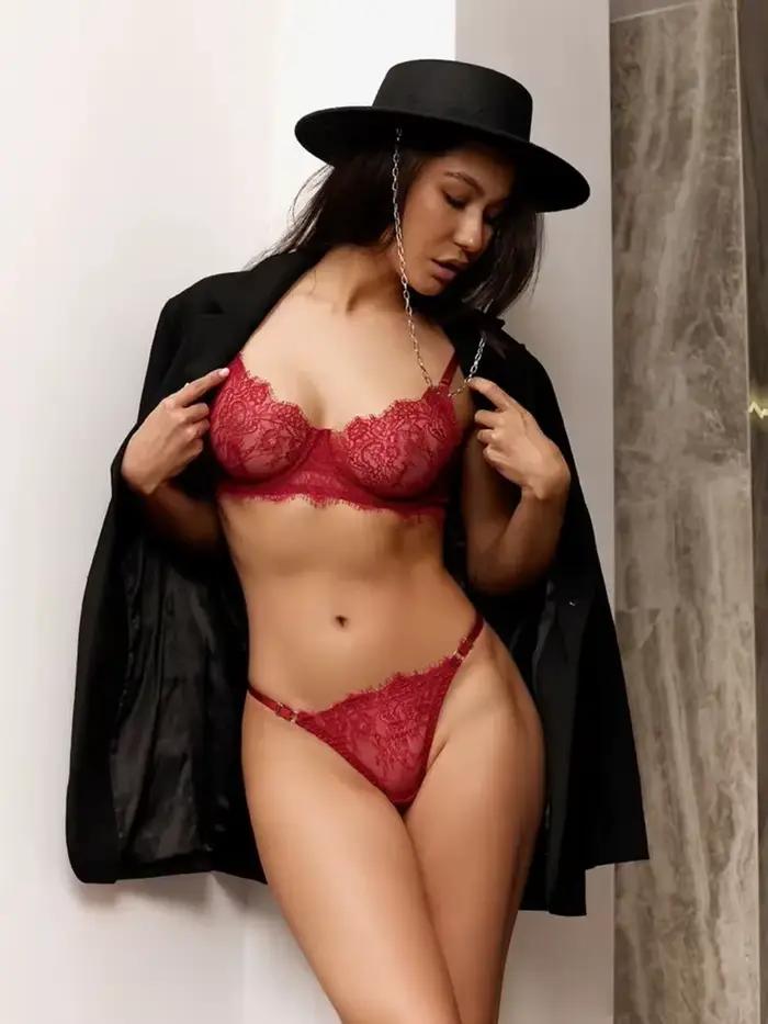 Ensemble de lingerie en dentelle transparente, soutien-gorge sexy et culotte string en dentelle florale française non doublée pour soirée romantique, lune de miel, noir, rouge vin