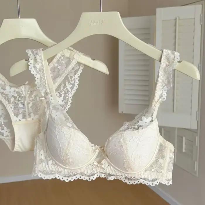 Ensemble de soutien-gorge en dentelle française pour filles, Anti-affaissement, anneau en acier doux, froncé, petite poitrine, Illusion de coton, bonnet 3/4, sangle fixe