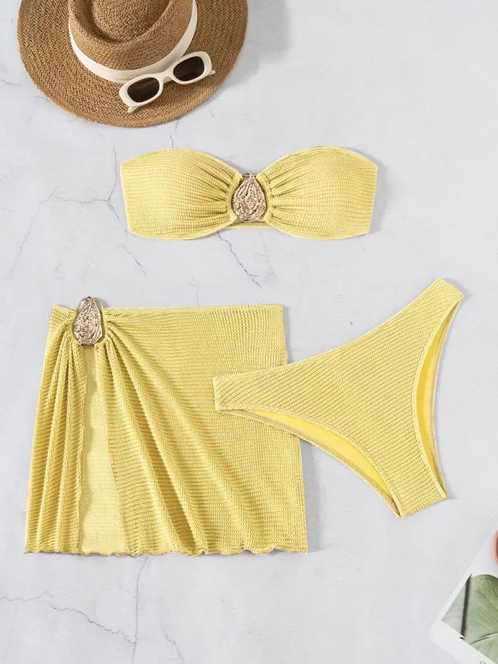 2025 Nový Sexy Trojdielny Bikini Set pre Ženy - Pevné Bandeau Plavky s Odhaleným Chrbtom