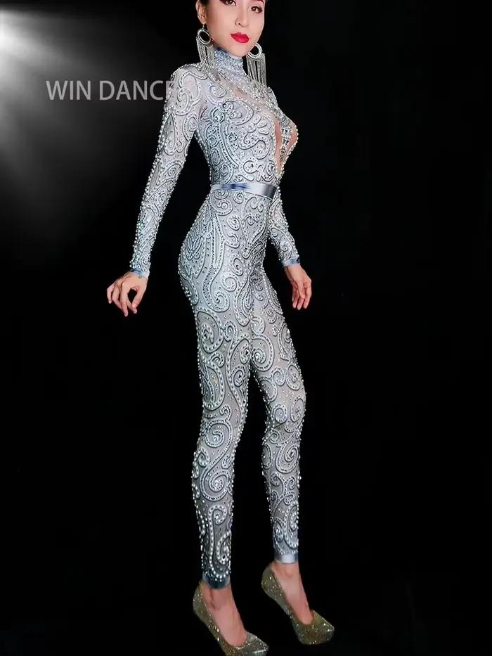 Combinaison moulante pour femme avec perles et diamants, tenue de pole dance, robe de spectacle pour chanteuse de discothèque, costumes de performance