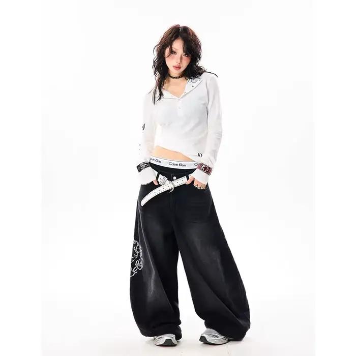 YIBASHU Dámske Vintage vyšívané Y2K Baggy džínsy s vysokým pásom 2000s široké nohavice Denim