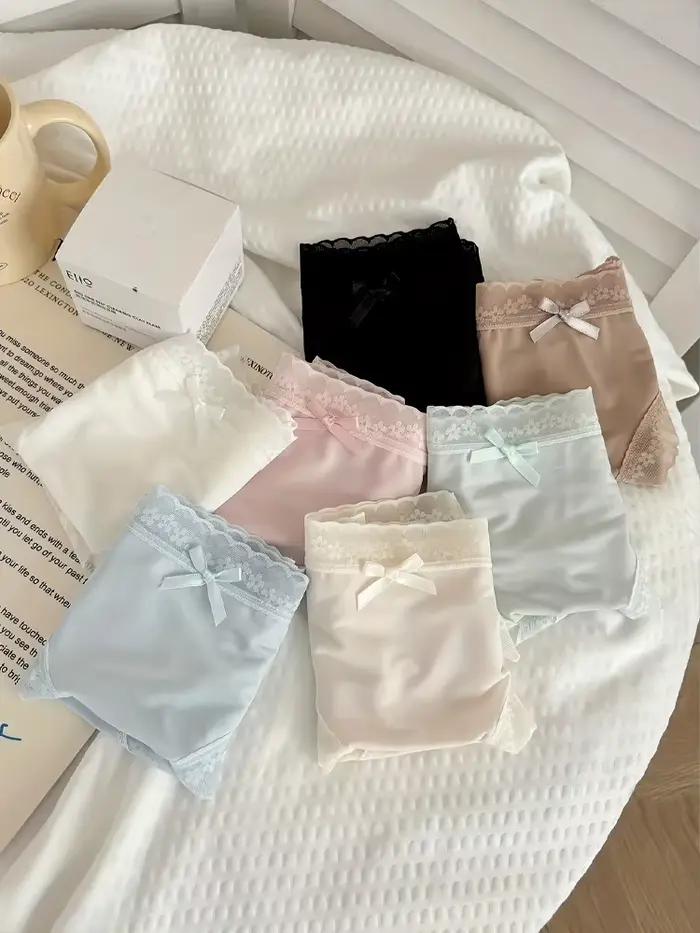 FINETOO 7 pièces femmes été Ultra-mince culottes Sexy sous-vêtements sans couture taille basse respirant slips filles dentelle garniture nœud Lingerie
