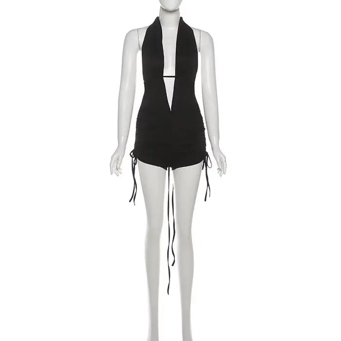 SylCue Sexy mode body femme licou col ouvert décolleté sans manches froncé maigre Stretch haute rue Style plis hauts