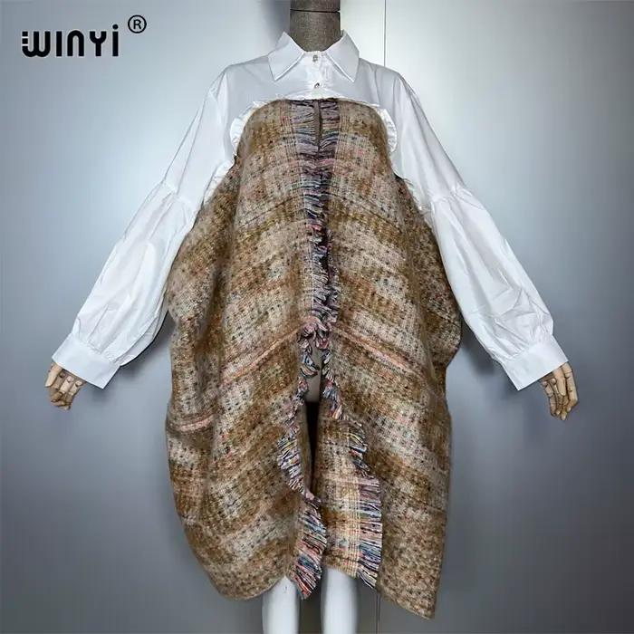 WINYI zimný elegantný luxusný kabát voľný strih teplý ženský cardigan pončo plášť