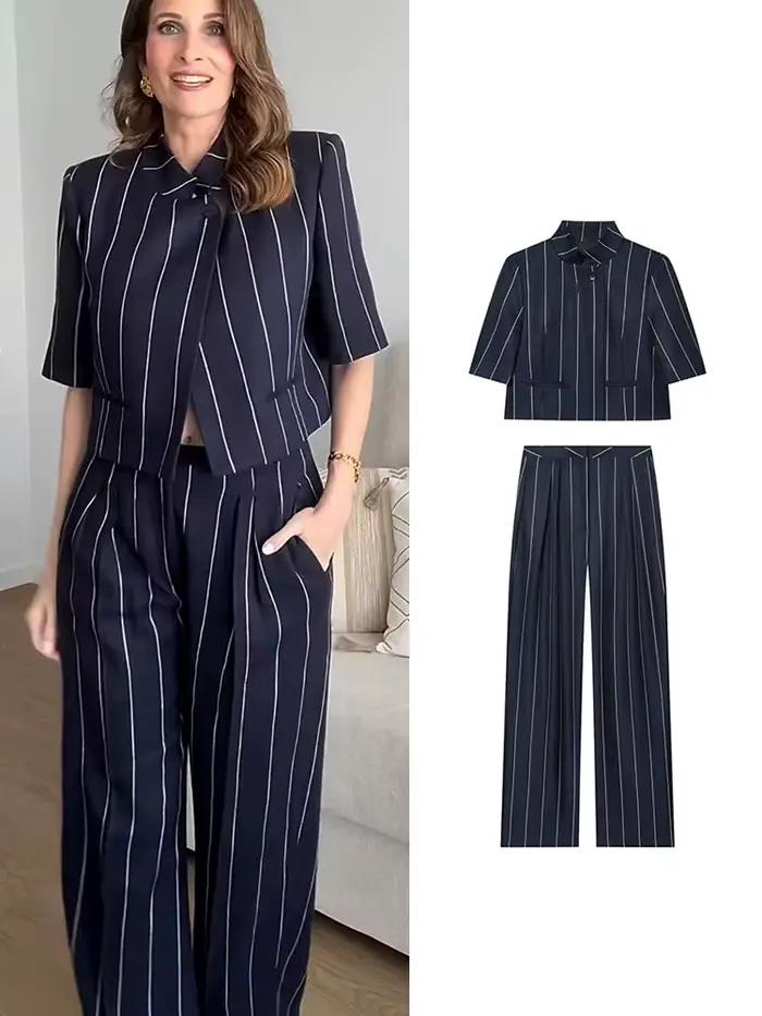 Ensemble de vêtements décontracté et élégant pour femmes, avec pantalon rayé et manteau court, pour occasions décontractées et style urbain