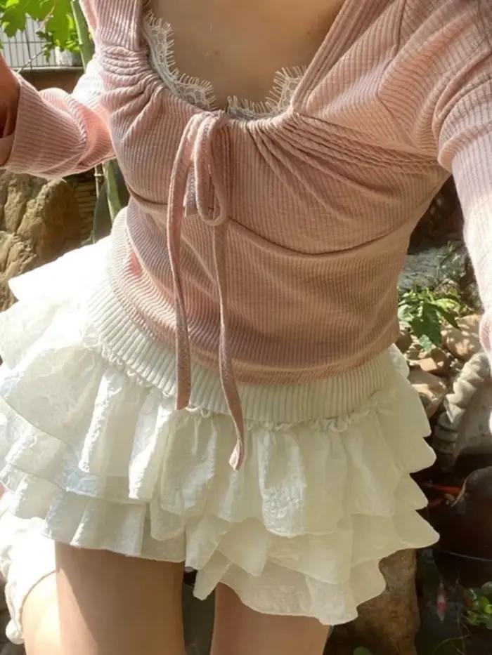 Kawaii plesová sukňa krátka skladaná volánová vrstvená vysoký pás pevná mini koláčová