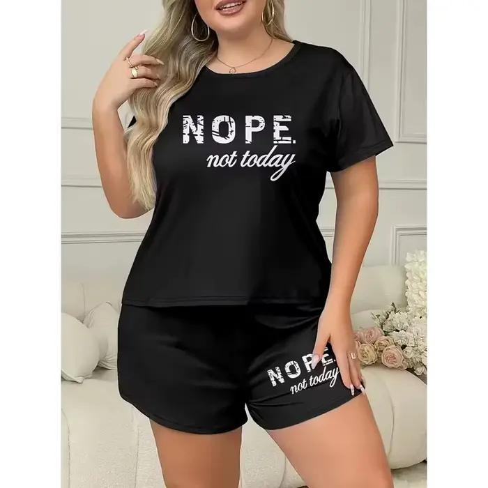 Ensemble pyjama imprimé lettres, t-shirt à manches courtes et short élastique, grande taille, tenue décontractée pour femmes, vêtements de sport, vêtements de détente, vêtements de maison