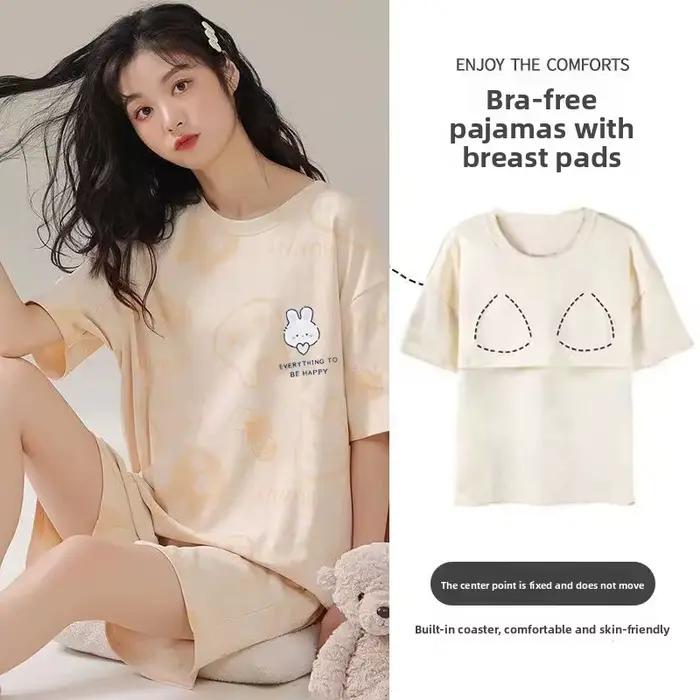 Pyjama avec coussinets de poitrine pour femmes, été, dessin animé, manches courtes, shorts, ours, vêtements de détente pour étudiants, ensemble 2 pièces, vêtements de nuit mignons, vêtements de maison