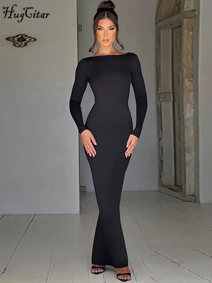 Hugcitar jarné elegantné dlhé rukávy odhalený chrbát pevný nariasený Sexy obtiahnutá Maxi plesová šaty pre ženy večerné oblečenie Festival Y2K