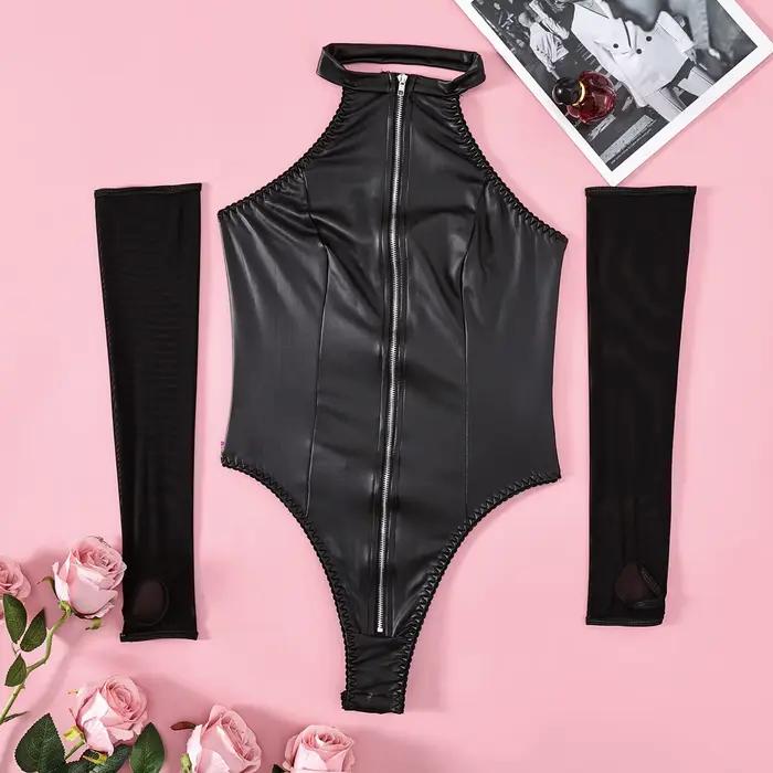 Sexy kožený body s otvoreným rozkrokom pre ženy
