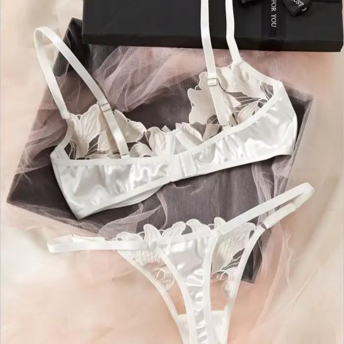 Ensemble soutien-gorge et culotte en polyester et élasthanne avec broderie pour femmes, taille push-up, bretelles ajustables, fermeture dos, occasions spéciales