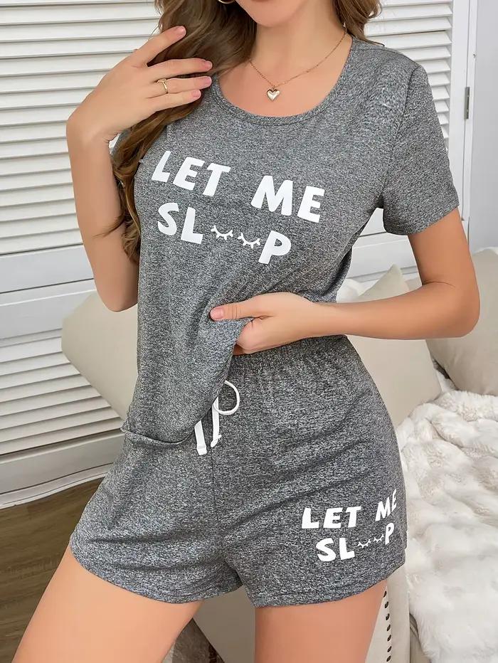 Ensemble pyjama 2 pièces avec lettres imprimées pour femmes, haut à manches courtes et Short, vêtements de nuit, vêtements de maison en coton doux, vêtements de nuit d'été