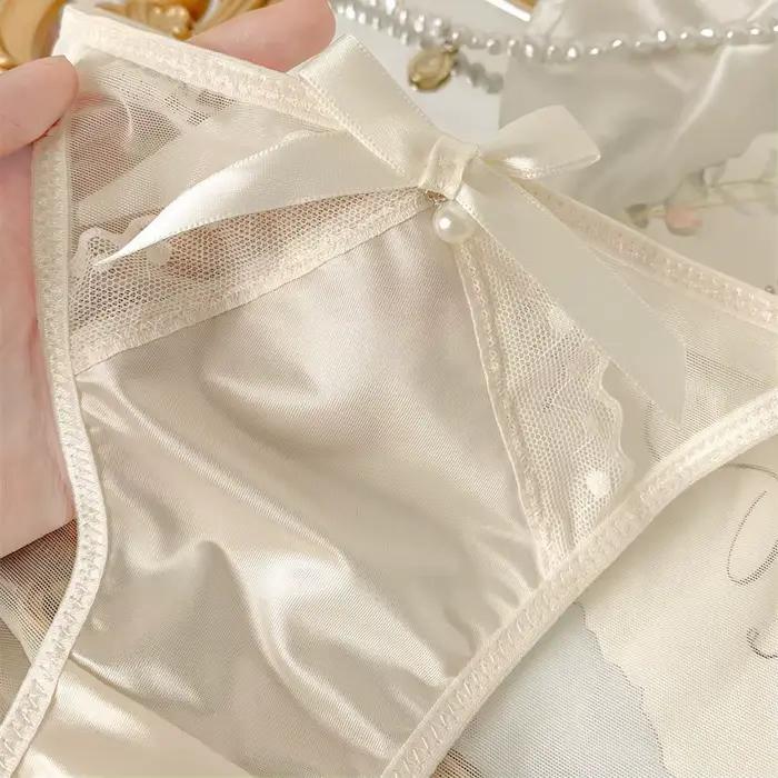 Culottes Triangle Femme avec Nœud Mignon, Dentelle Sexy Française, Texture Luxe, Satin Respirant, Maille, Entrejambe en Coton
