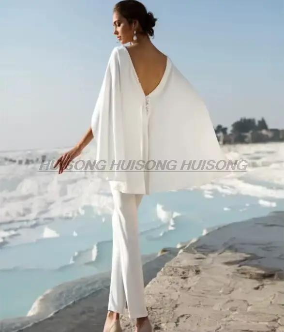 Combinaison robes De mariée cape en mousseline De soie Appliques Boho dos nu robe De mariée robe De mariée pantalon costume Vestido De Noiva personnalisé