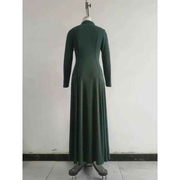 Robe longue élégante pour femme à manches longues, style corset, col polo, taille ajustée, plissée, unie, pour soirée, bureau, mariage