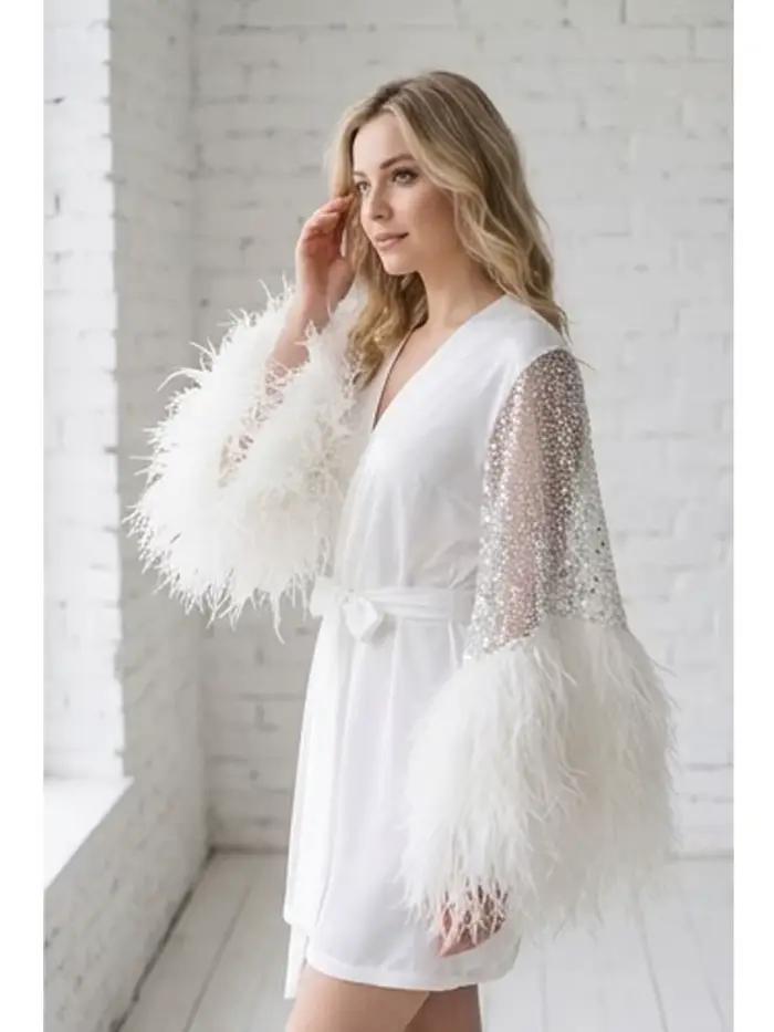 Robe de mariée de luxe en soie avec manches à plumes et sequins, peignoir de boudoir, lingerie de mariage, robe de chambre courte pour femme