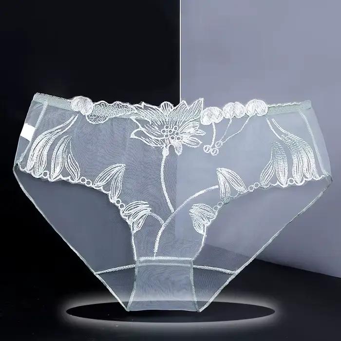 Sexy dentelle culottes slips maille creuse fleur broderie taille basse Transparent femme Lingerie Ultra-mince femmes sous-vêtements sans couture