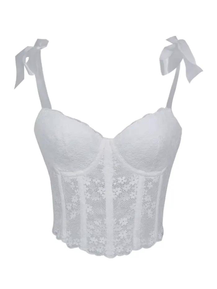 Corset en dentelle transparente à baleines pour femme, bustier rembourré à lacets, haut moulant élégant