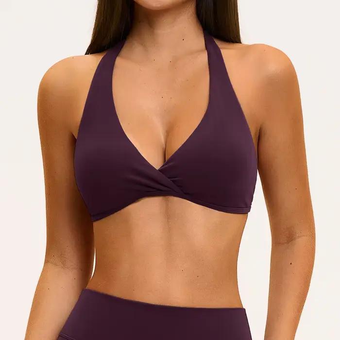Soutien-gorge de yoga pour femme, sous-vêtements de sport pour la gym, sensation seconde peau, rembourré, hauts de fitness pour l'entraînement, sous-vêtements de sport yoga à col halter pour femme
